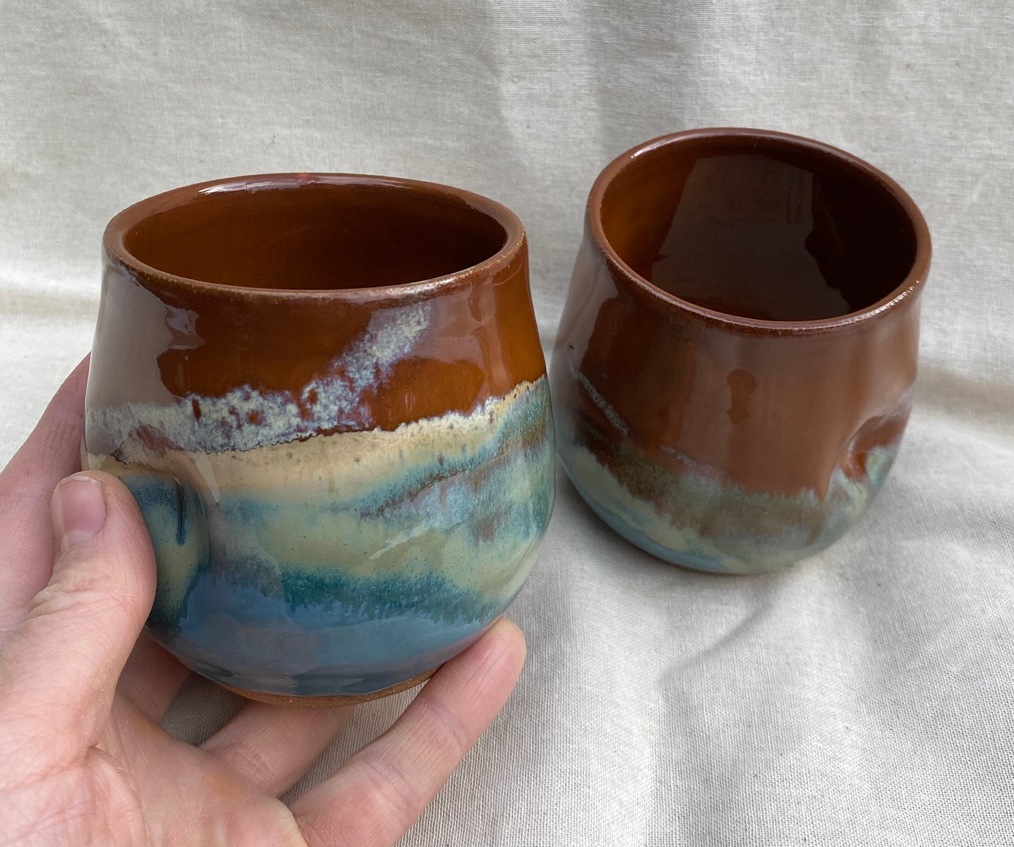 Set of 2 Tumblers -blue & burnt orange with cream accents